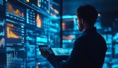 a man in a suit looking at a screen with a lot of data