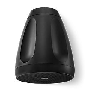 a black speaker with a black base on a white background