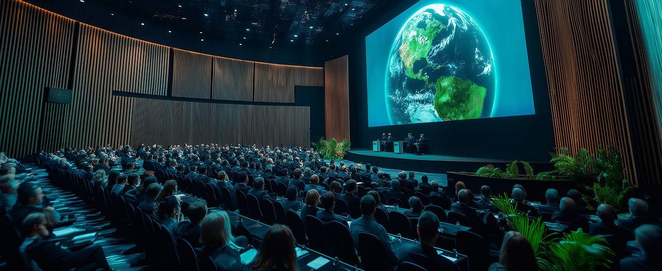 a large room with a projector screen and a large audience