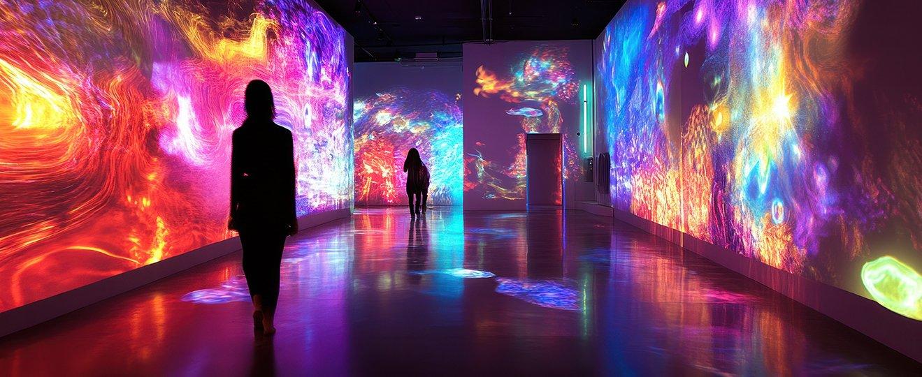 a person walking through a hallway with a bunch of colorful lights