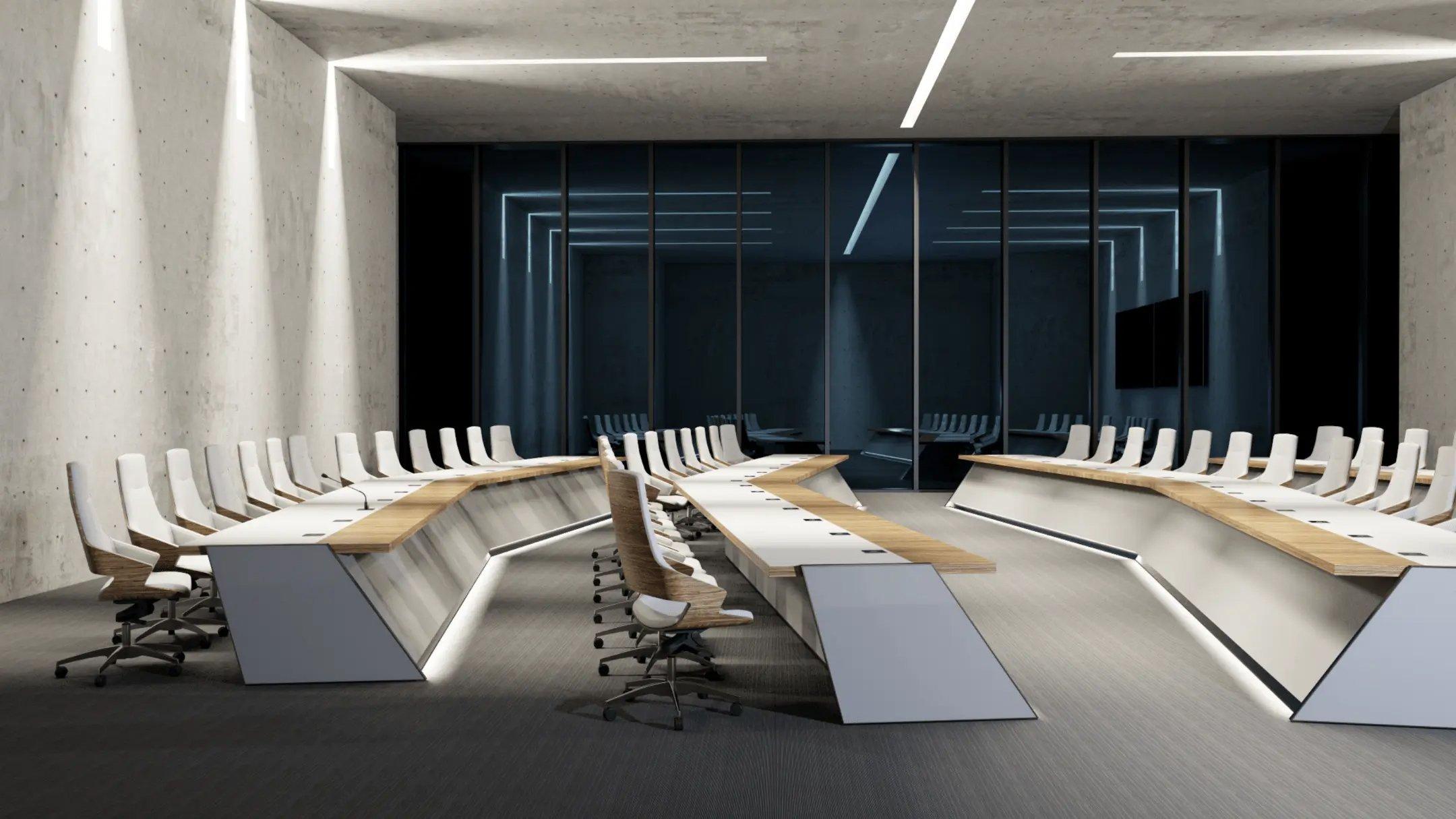 a large conference room with a long table and chairs
