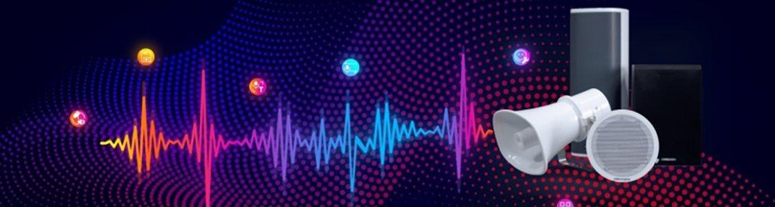 a speaker and a microphone are shown in front of a colorful background