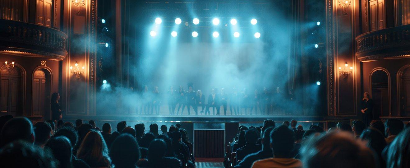 a group of people sitting in a theater watching a performance