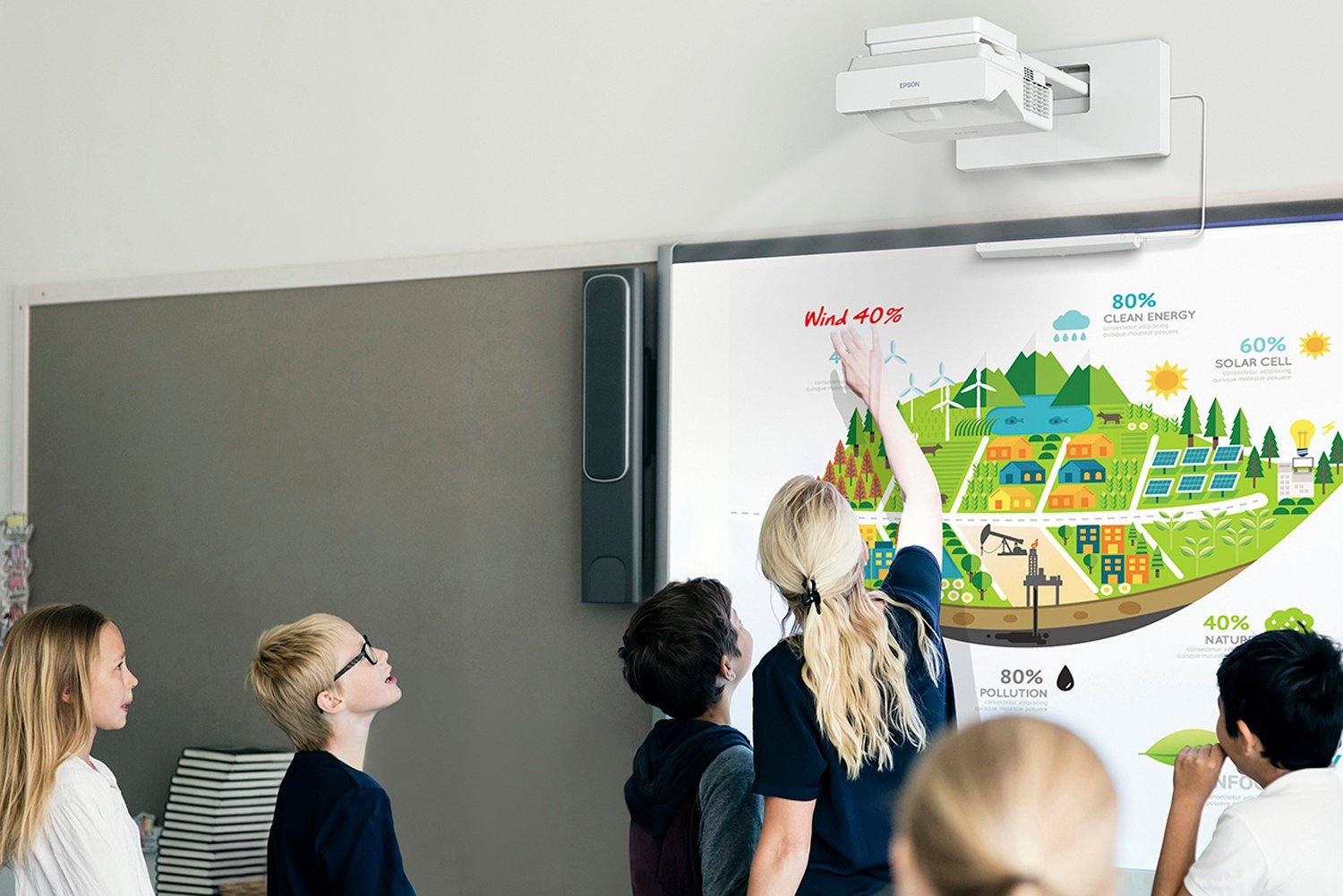 a group of children standing in front of a whiteboard