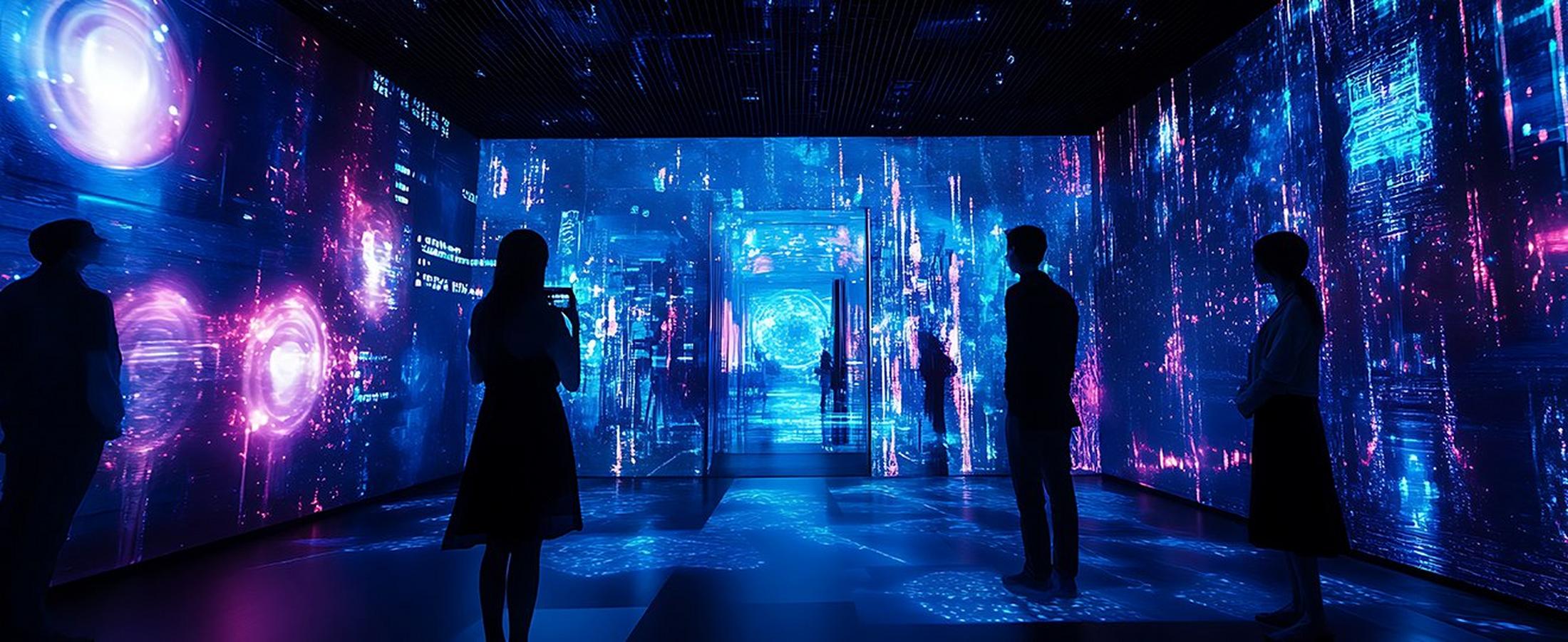 people standing in a room with glowing lights and projections