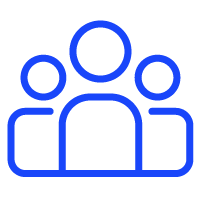 a blue icon of a group of people sitting around a table