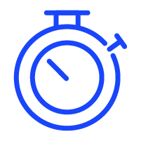 a blue and white icon of a stopwatch on a white background