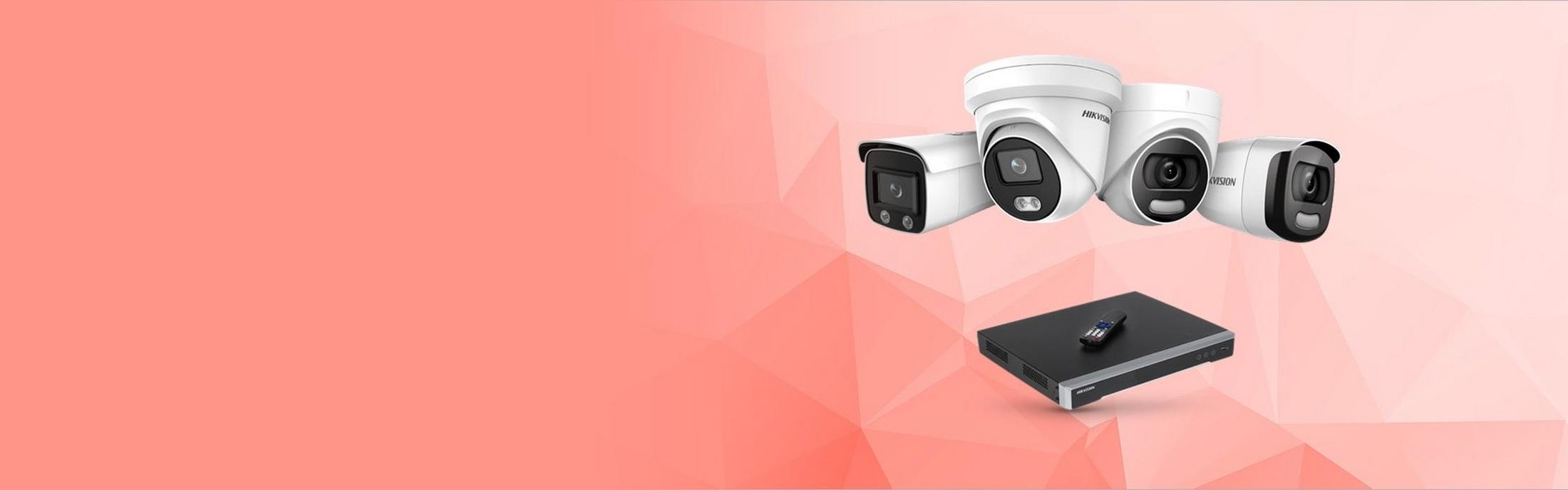 Hikvision range of products on abstract red background