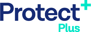 a logo for protect plus with a blue and green background