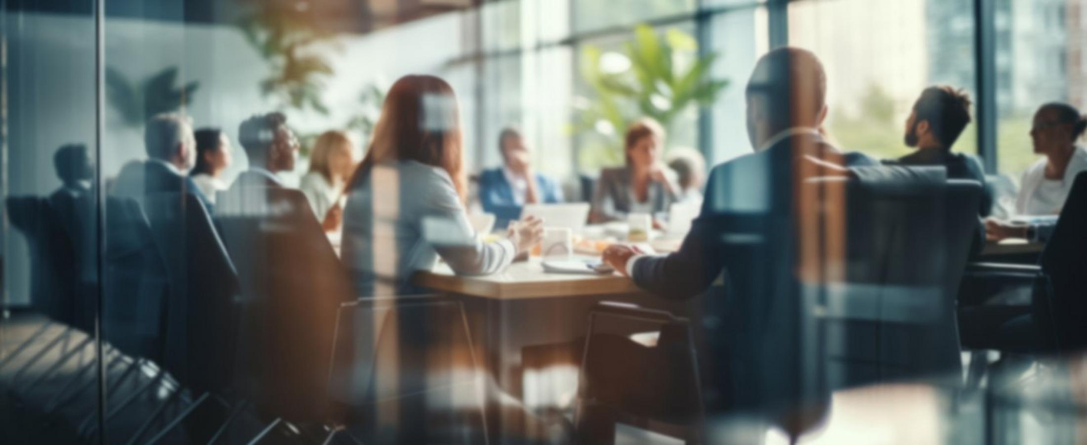 a group of people are sitting at a table in a conference room