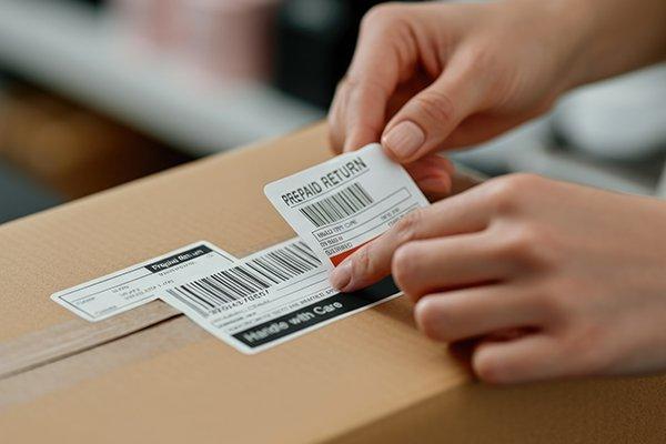 a person is putting a barcode on a box with a label