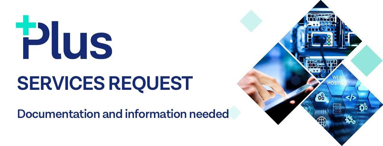 a white and blue poster with the words plus services request