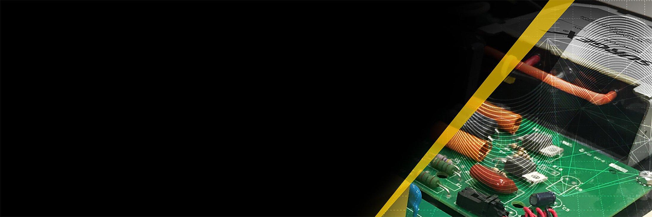 a close up of a computer motherboard with wires and a black and yellow background