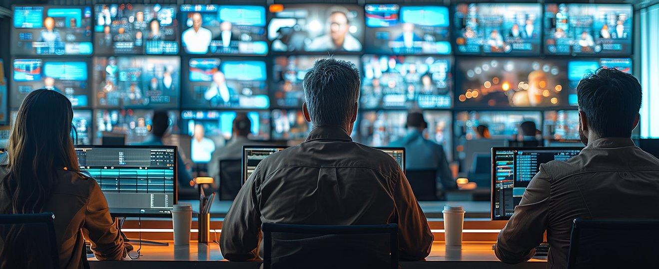 three people sitting at a table with monitors on them