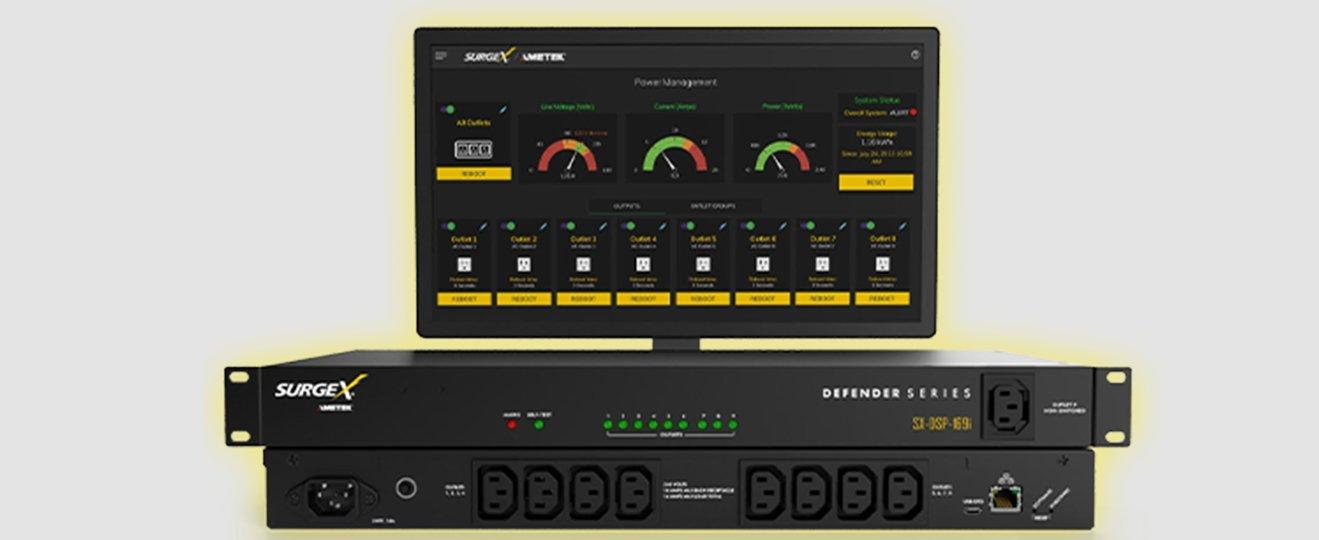 a power strip with a monitor and a power strip