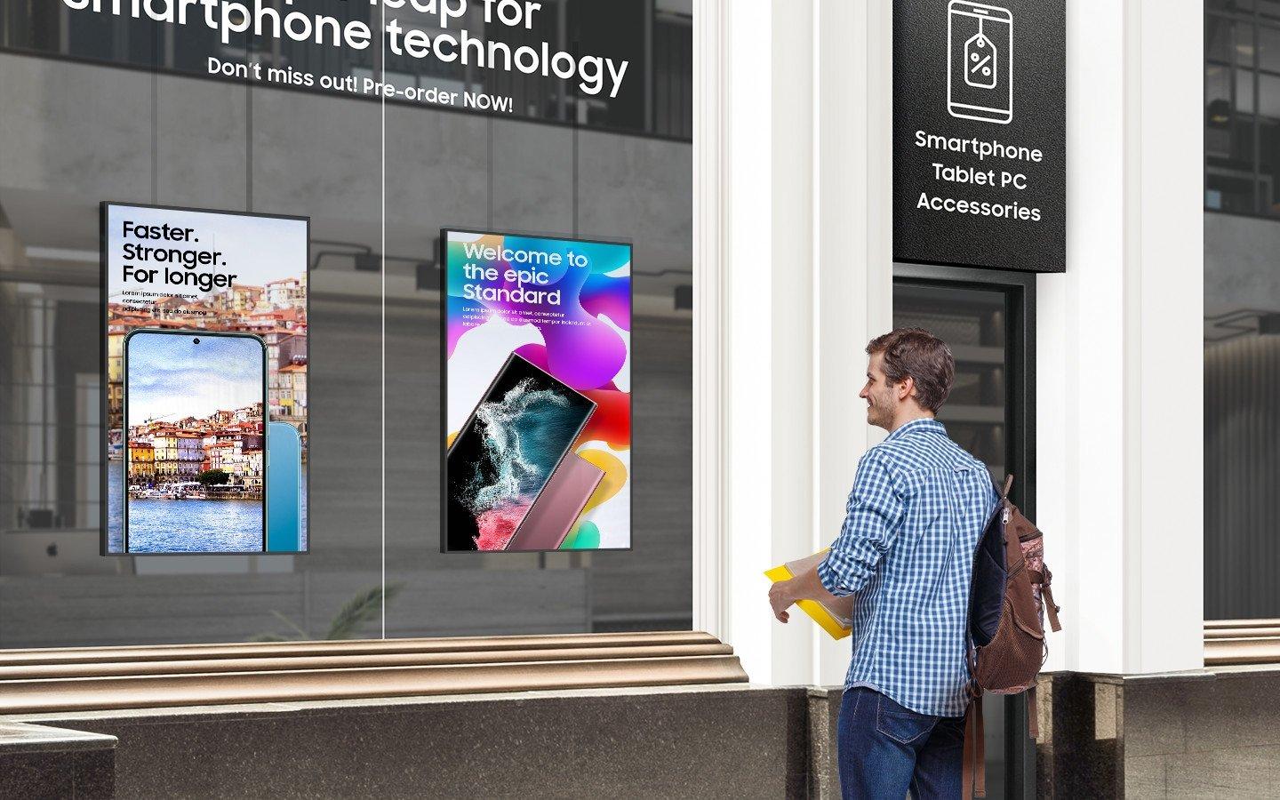 a man standing in front of a store window with a backpack