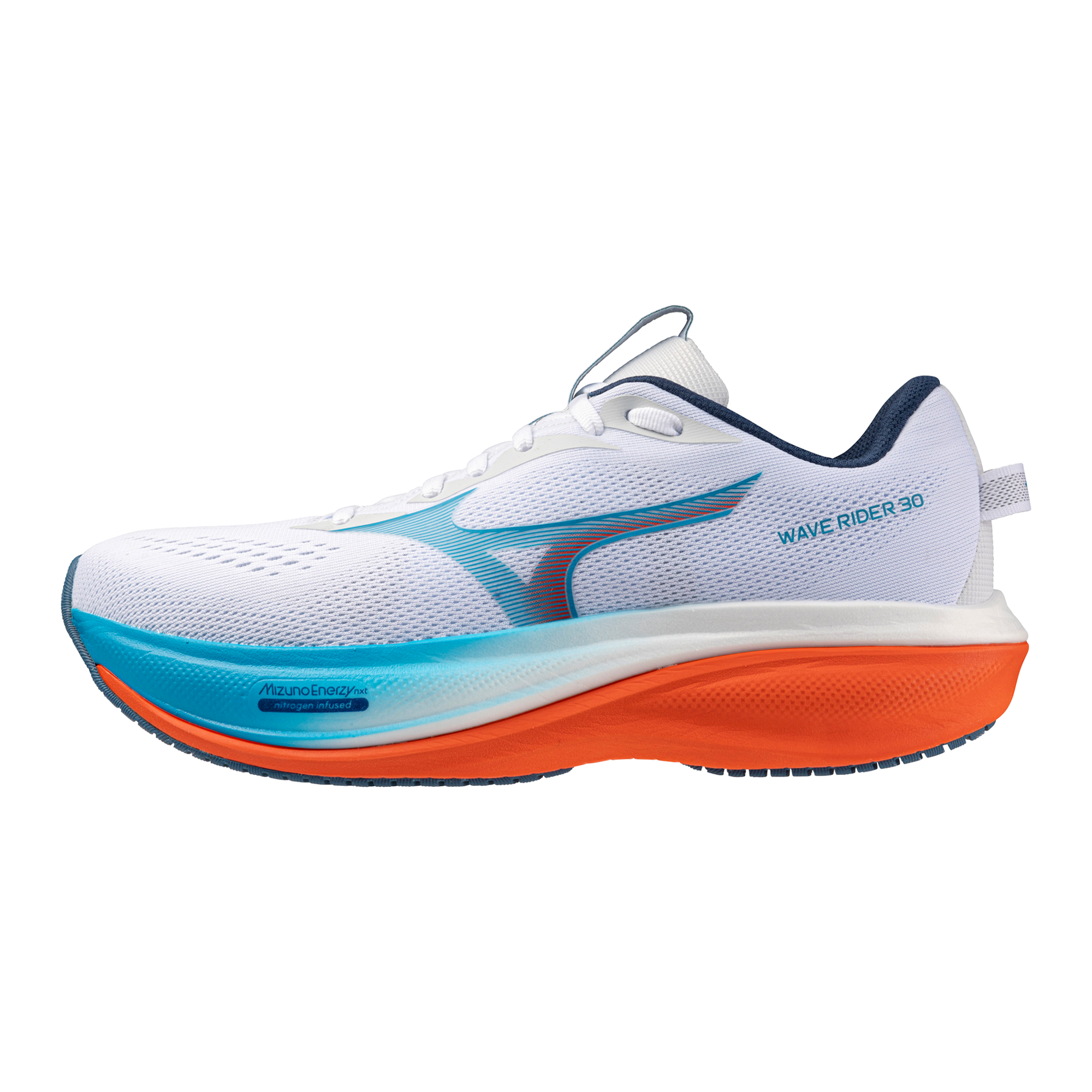 Mizuno Wave Rider 30 masculina na cor White-Blue Jewel, vista lateral sobre fundo branco