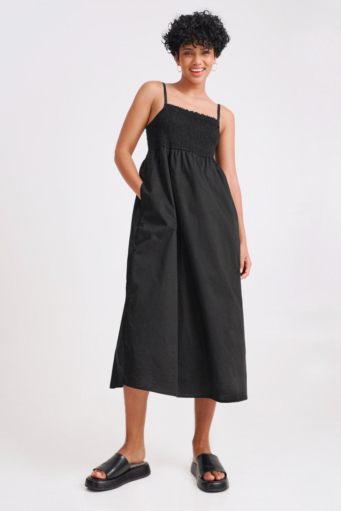 Empire Short Sleeves Long Resort Dress - Black
