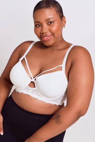 Plus Size White Lace Padded Underwired Plunge Bra