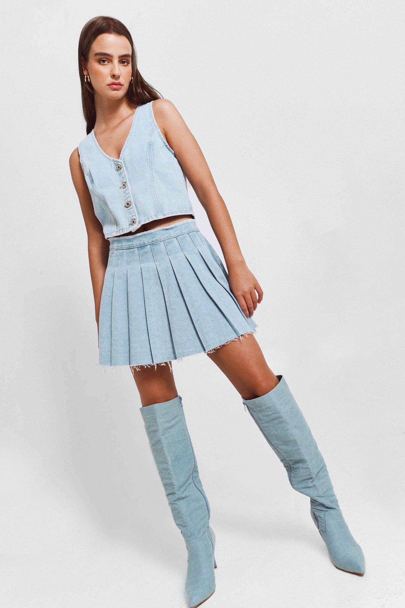 Pleated denim skirt short sale