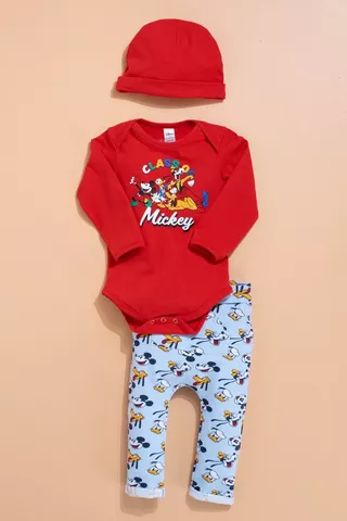 Mickey Mouse Bodysuit, Leggings And Beanie Set