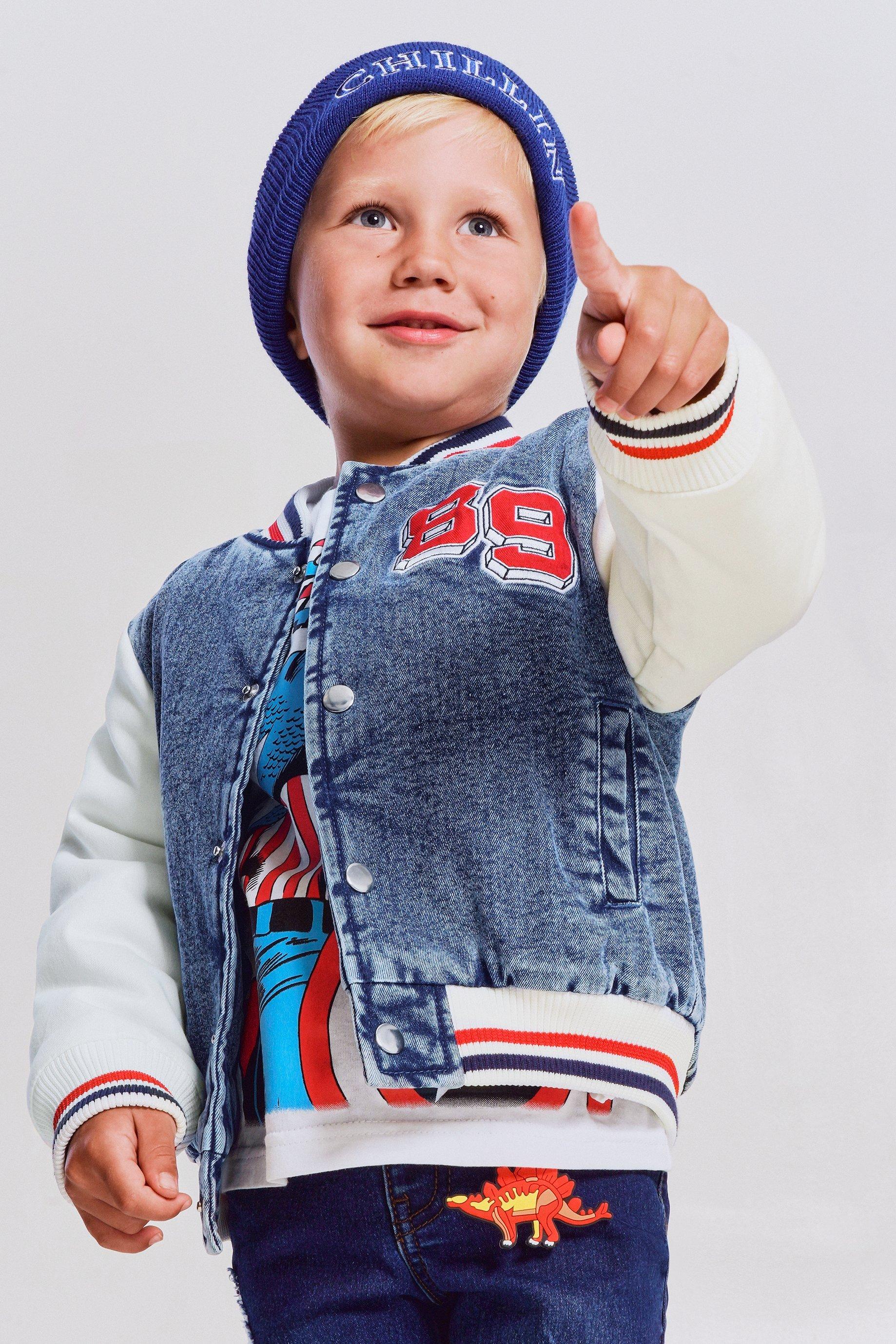 Red And Dark Blue Kids Boy Round Neck T-Shirt With Denim Jacket