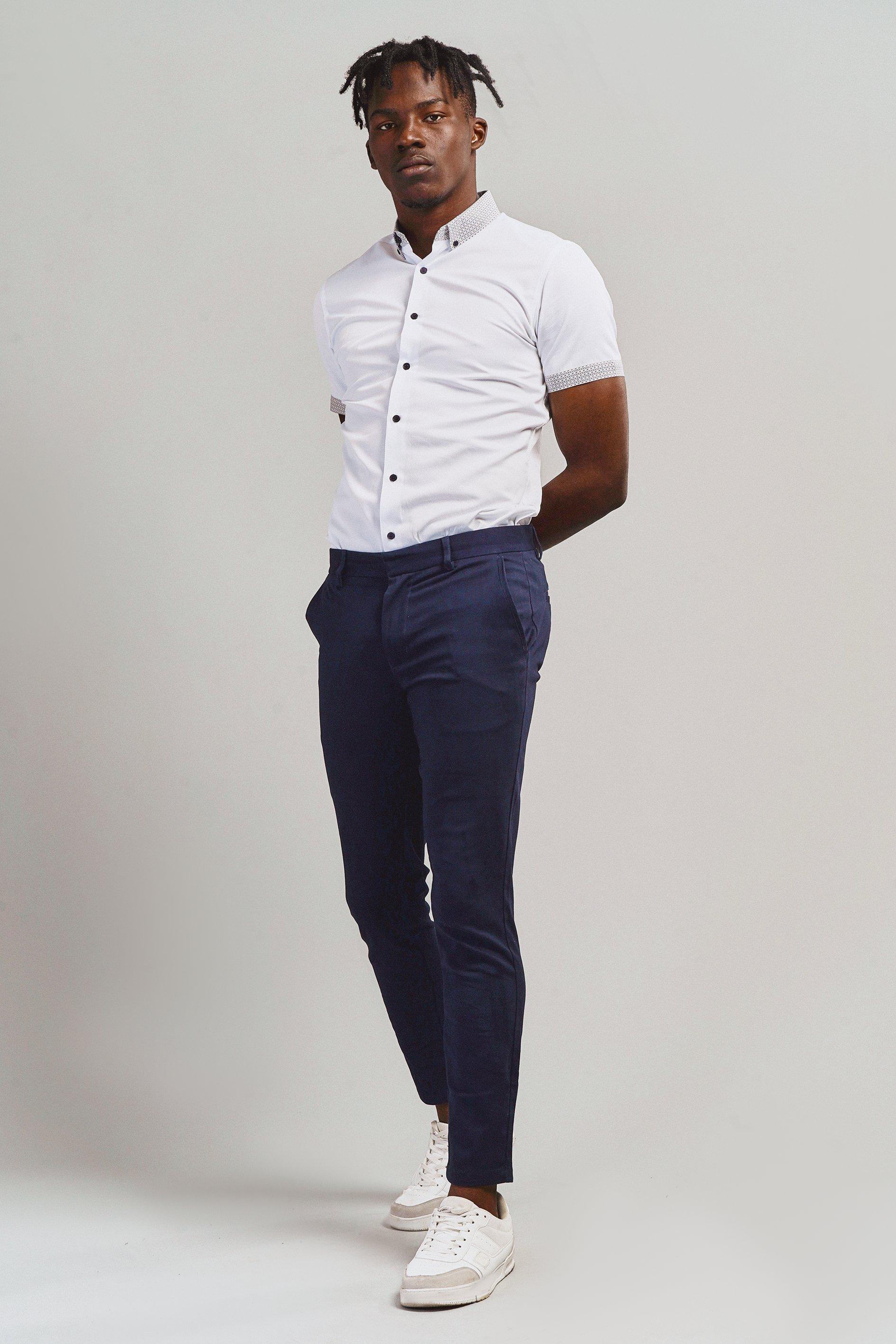 Blue chinos clearance white shoes