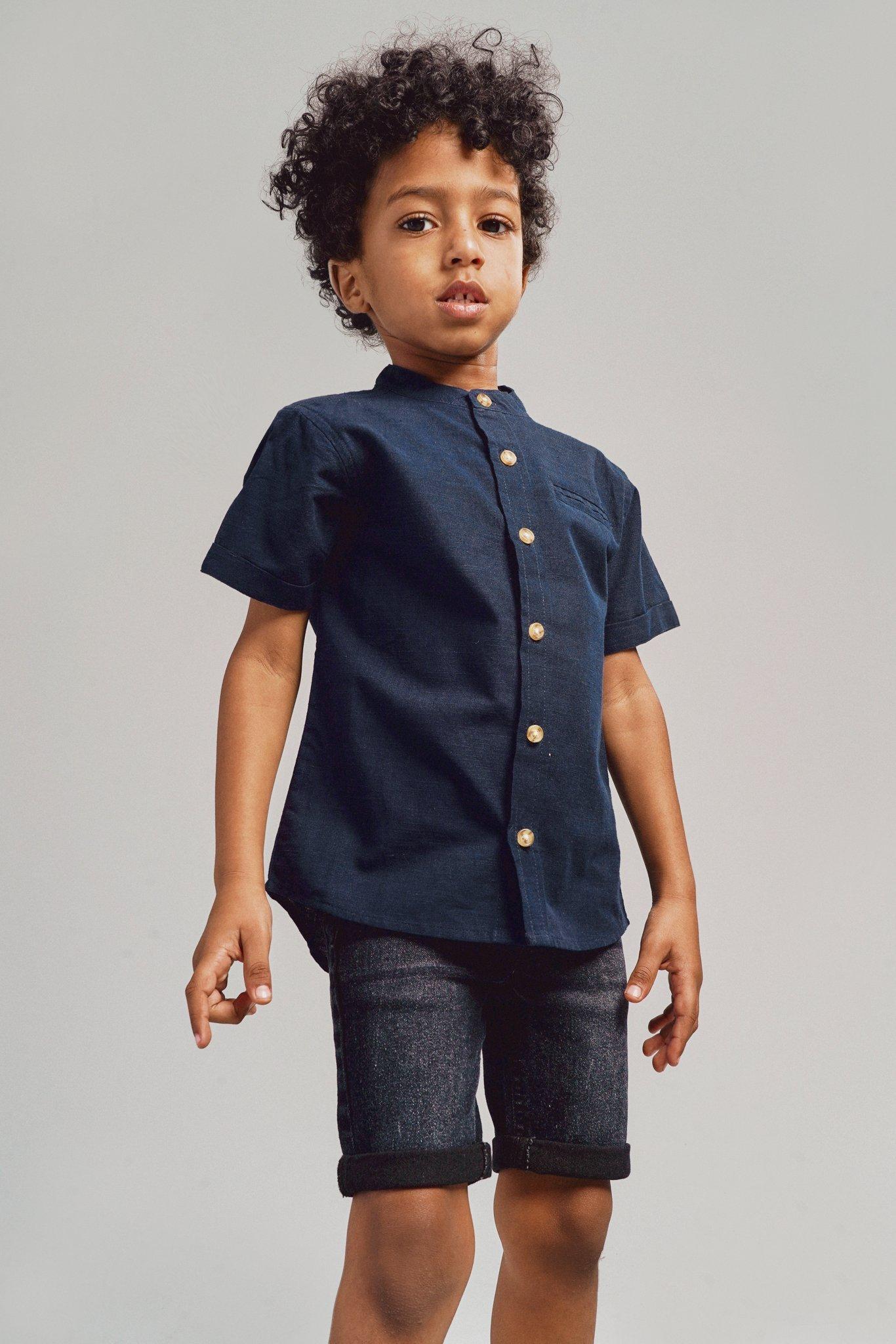 Maxi Boy Blue Mandarin Collar Embroidered Long Length Woven Shirt Dress BCVL-248140 - Coyotepec