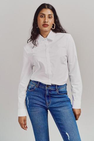 Tapered-waist poplin shirt - White - Ladies