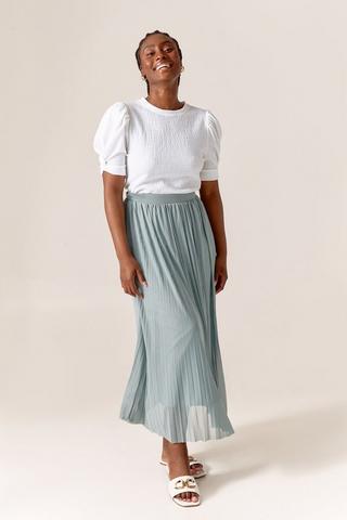 Green pleated cheap skirt silk