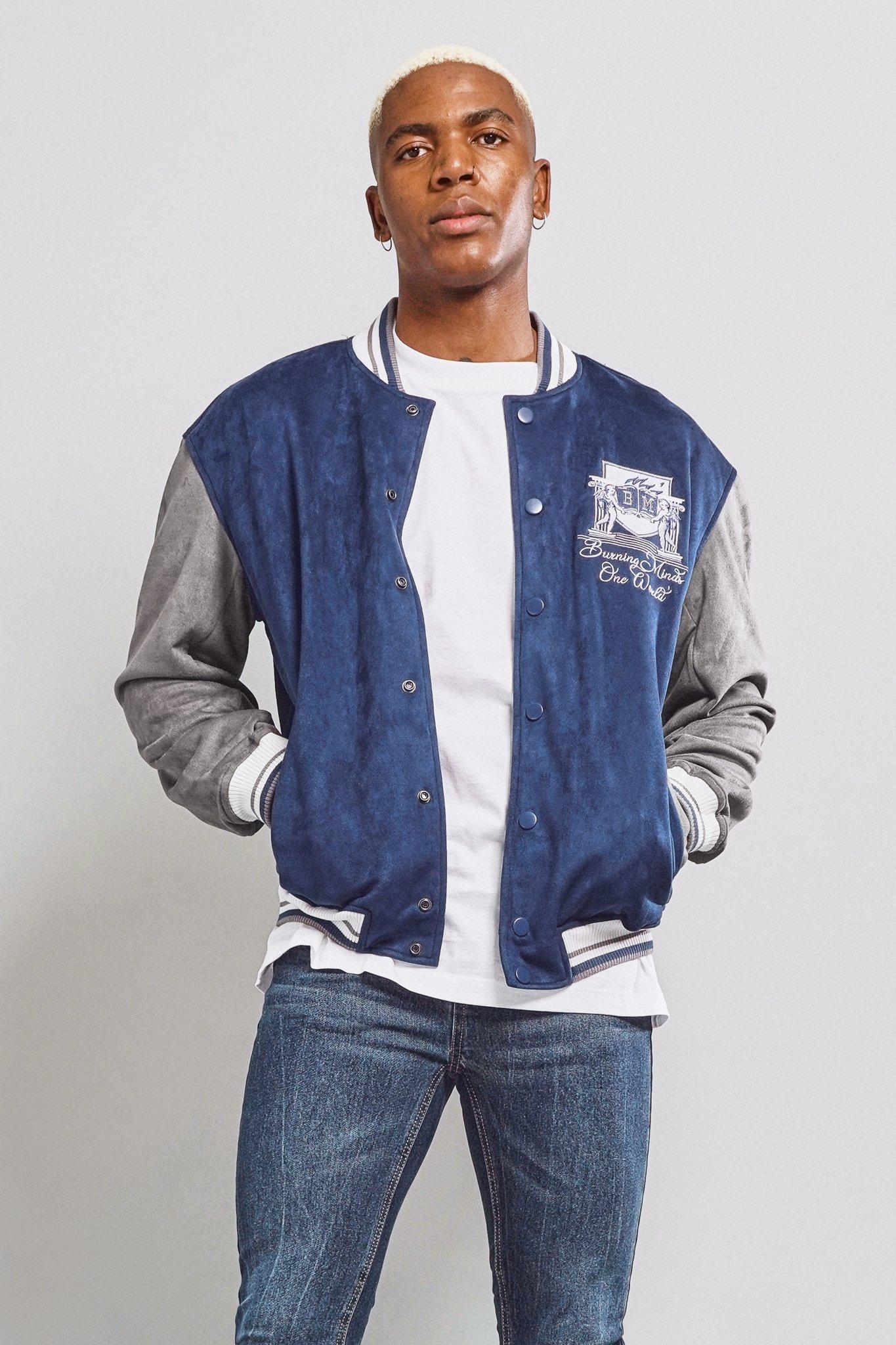 bomber jacket with shirt and tie