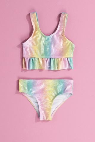 Girls' 2-7 Rainbow Check Two Piece Crop Top Bikini Set - Bright White