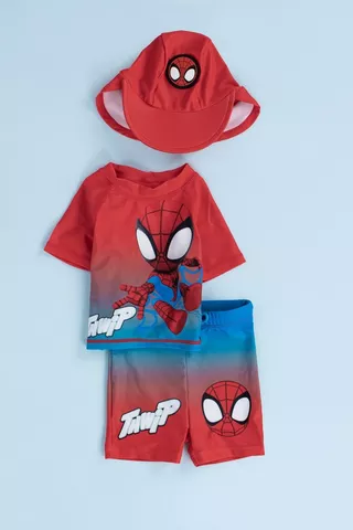 Spiderman Rashvest, Swim Shorts And Cap Set