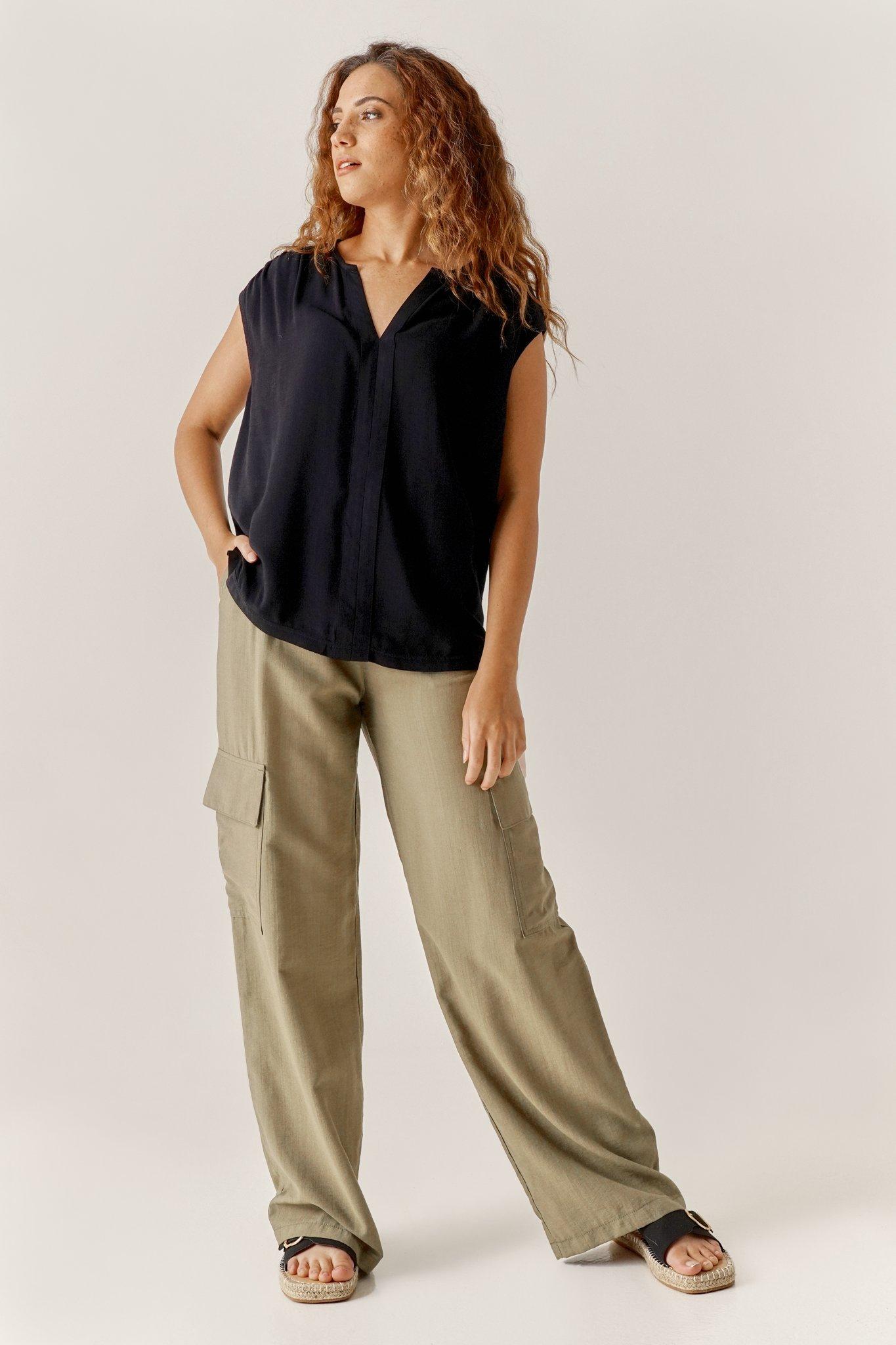 LDD-Women Solid Color Cargo Pants, High Waist Straight-leg Buckle
