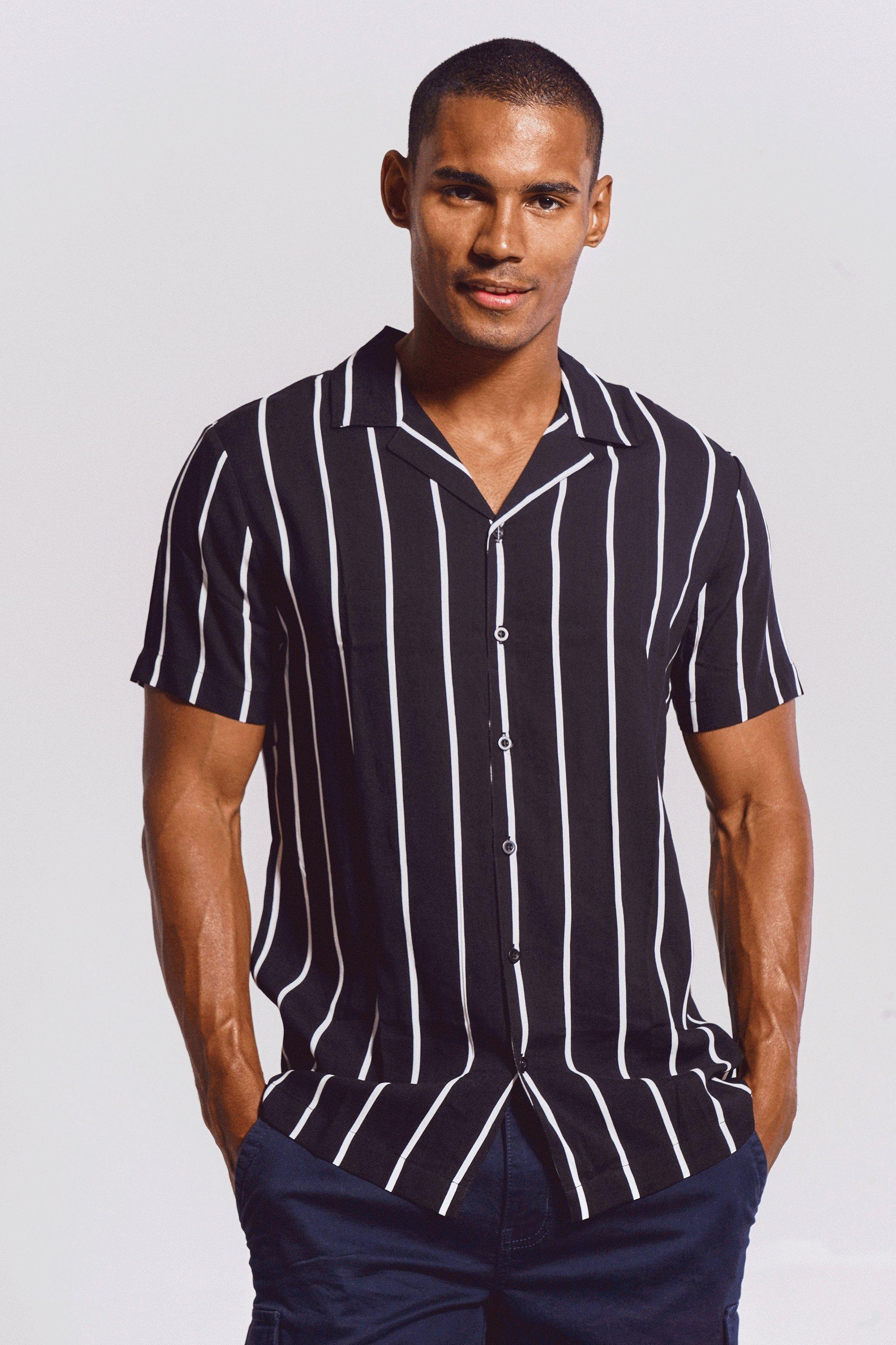 Black and white striped button up shirt sale