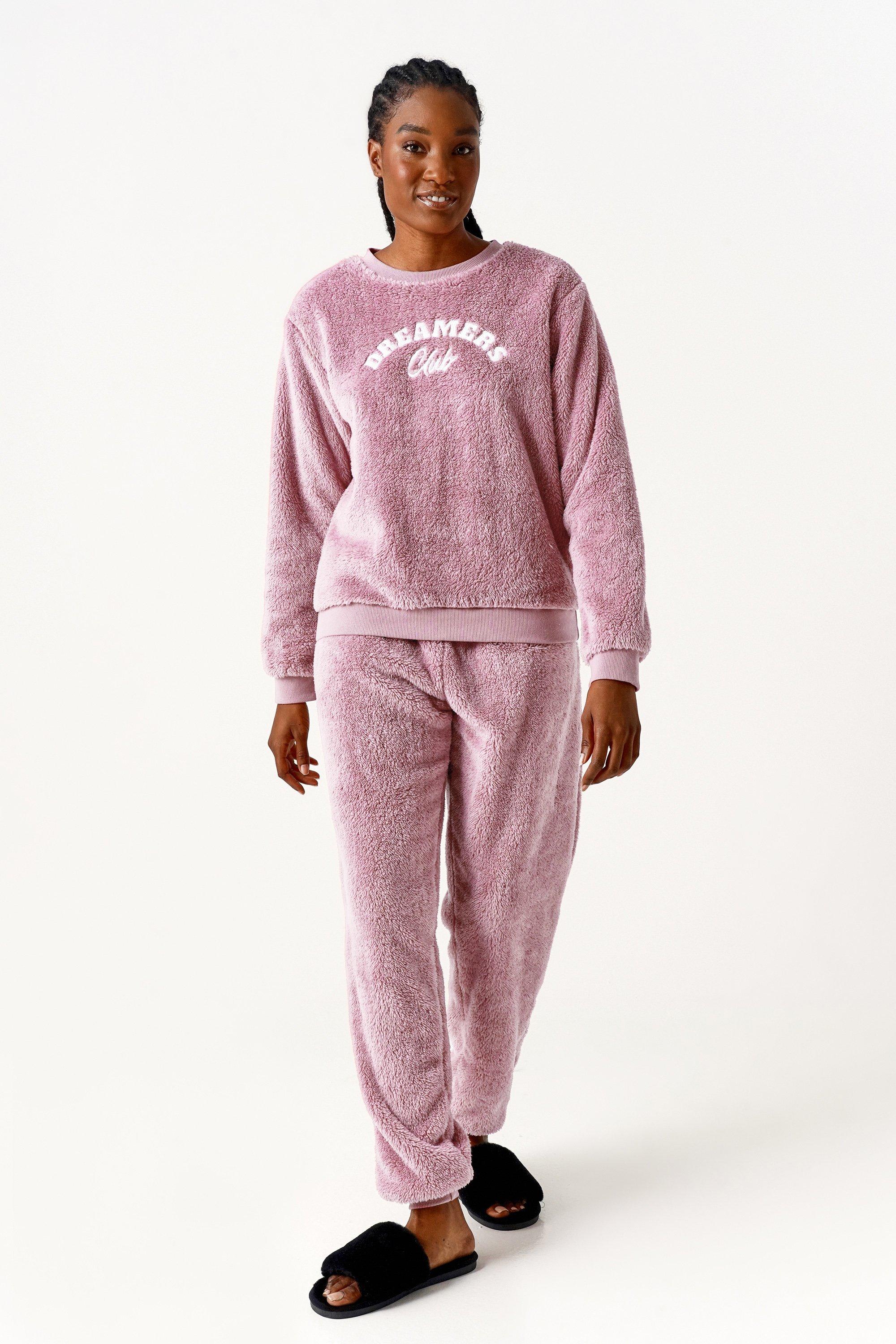 Ladies Pink Rabbit Fleece Pyjama Set with Sherpa Fleece Bottoms
