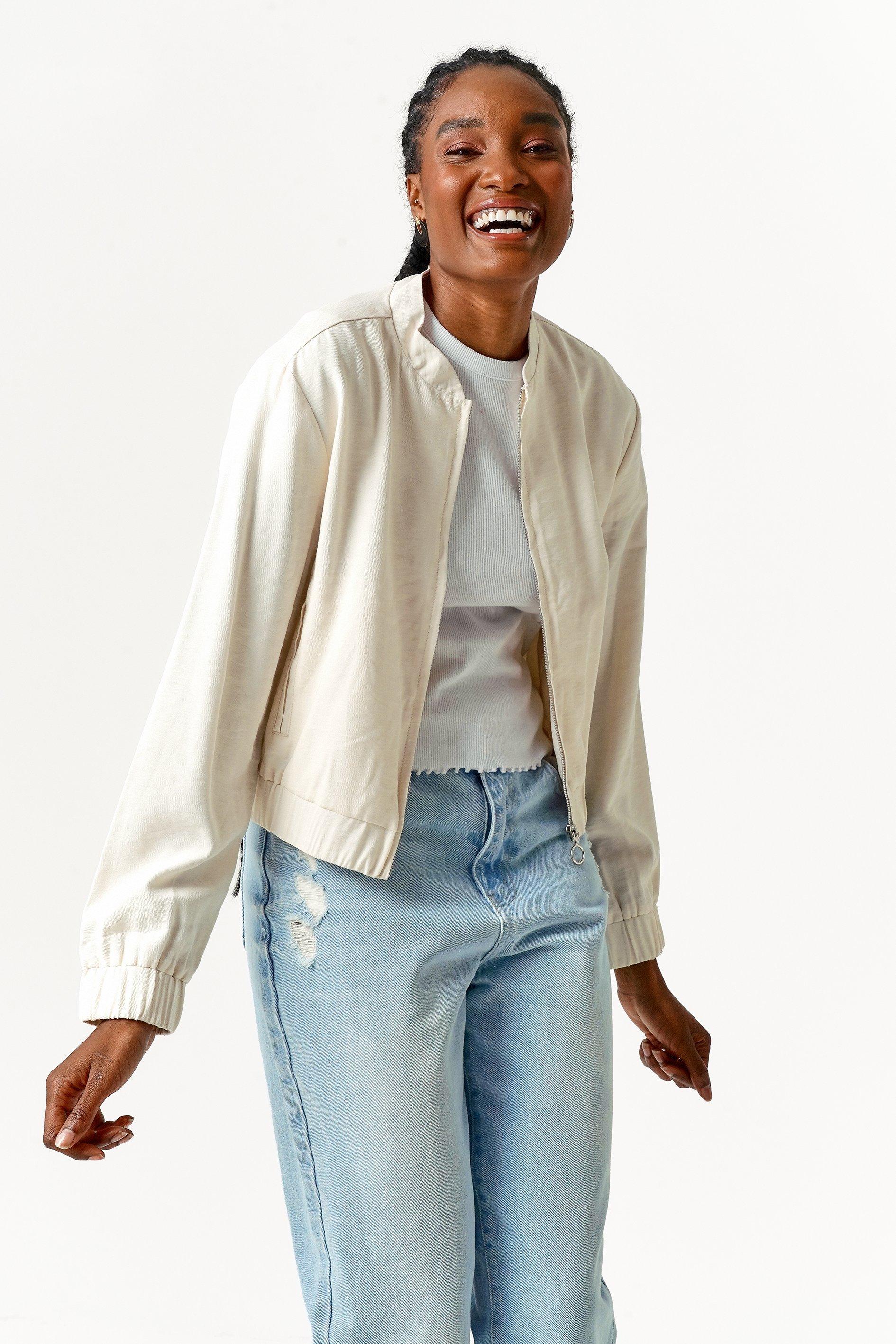bomber jacket with shirt and tie