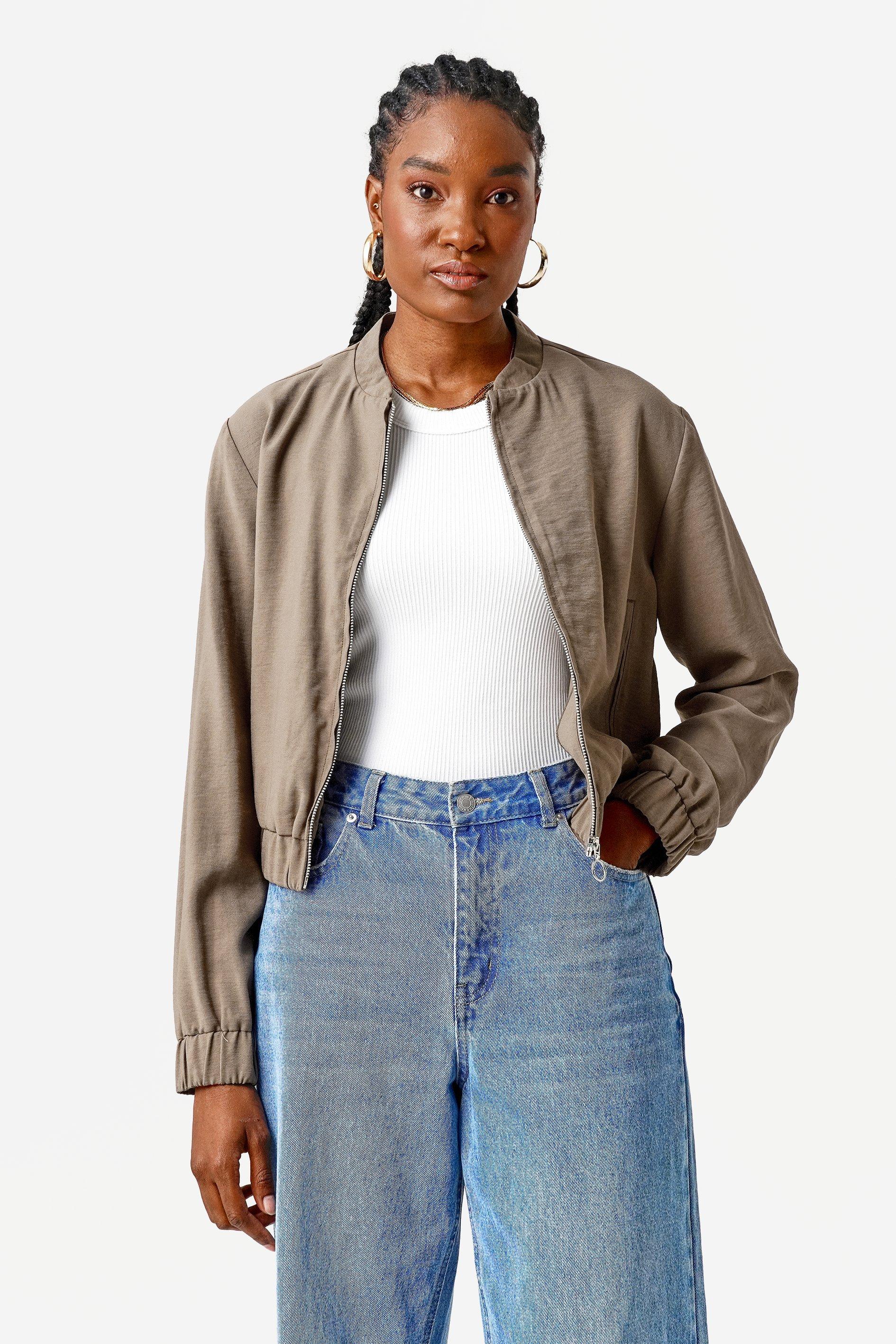 bomber jacket with shirt and tie