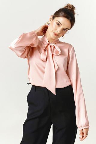 Lasted Design Chiffon Ladies Tops and Blouses Solid Color V Neck Casual Bow  Long Sleeved Elegant Spring Loose Tops Pink at  Women's Clothing store