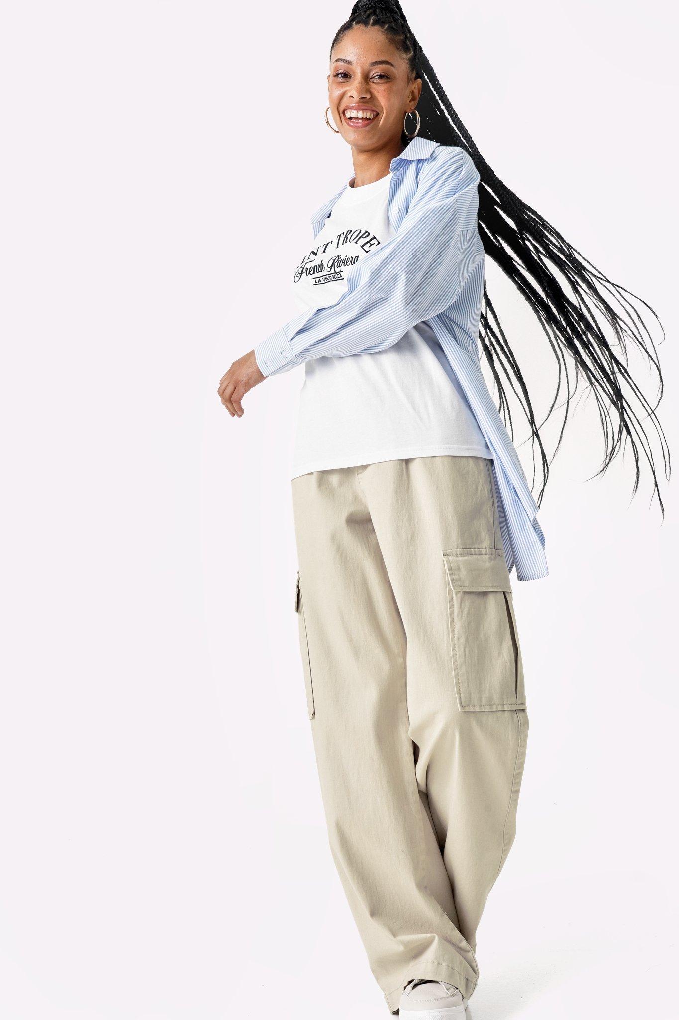 Mittoshop Washed Elastic Waist Cargo Wide Leg Pants