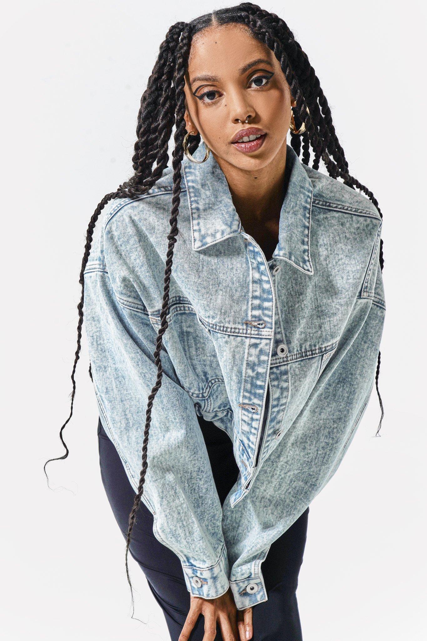 Red denim cropped jacket sales