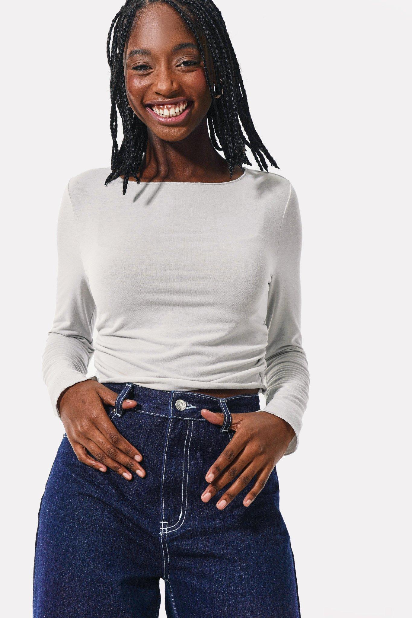 Long Sleeve O Ring Beaded Ruched Irregular Top main image 0