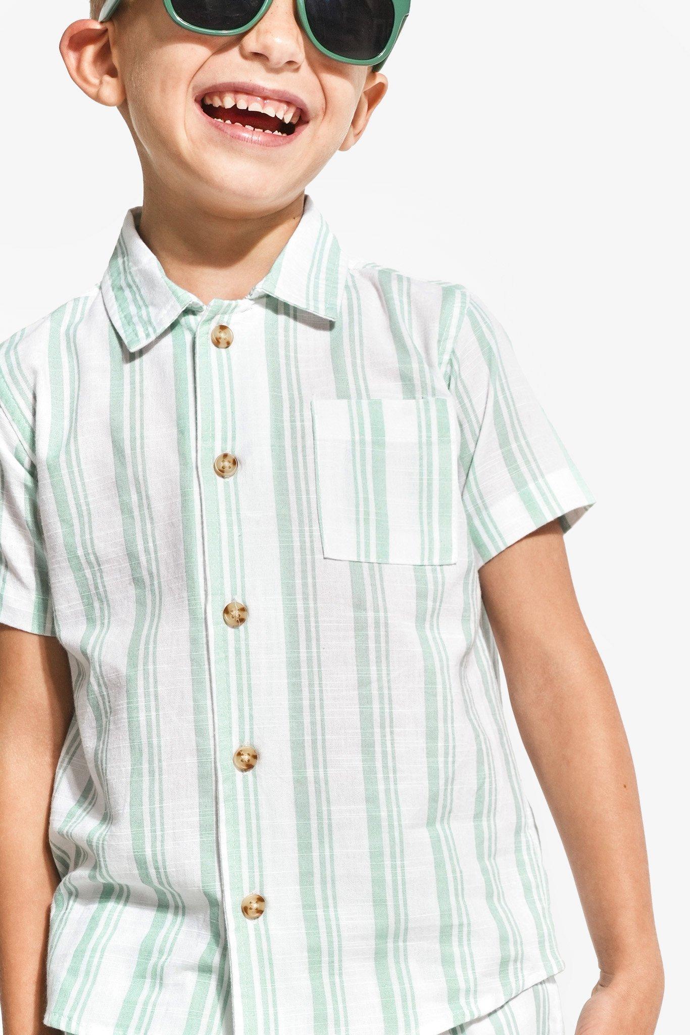 Boys Roll Up Sleeve Striped Shirt Cyan