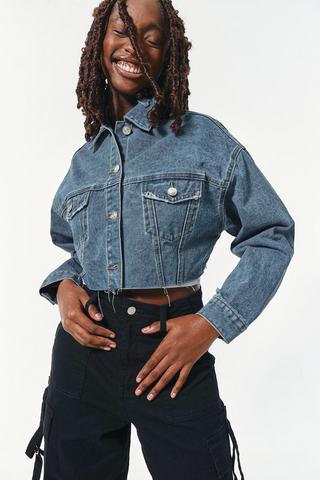 Cropped collar denim jacket best sale