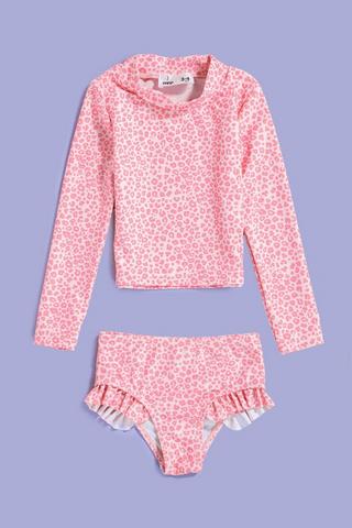 Leopard Print Long Sleeve Rashvest And Bikini Bottom Set