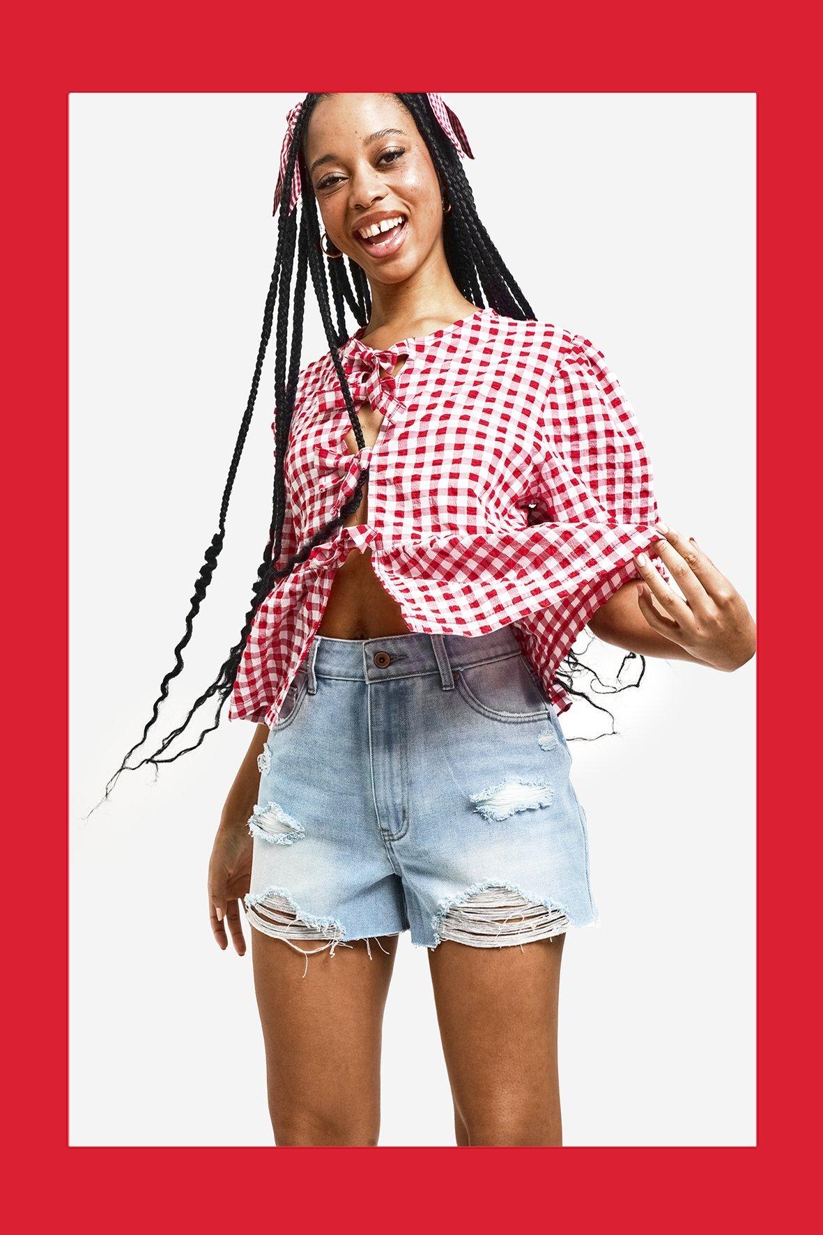 Red denim shorts sales