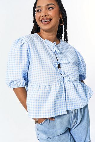 Gingham Tie Front Blouse