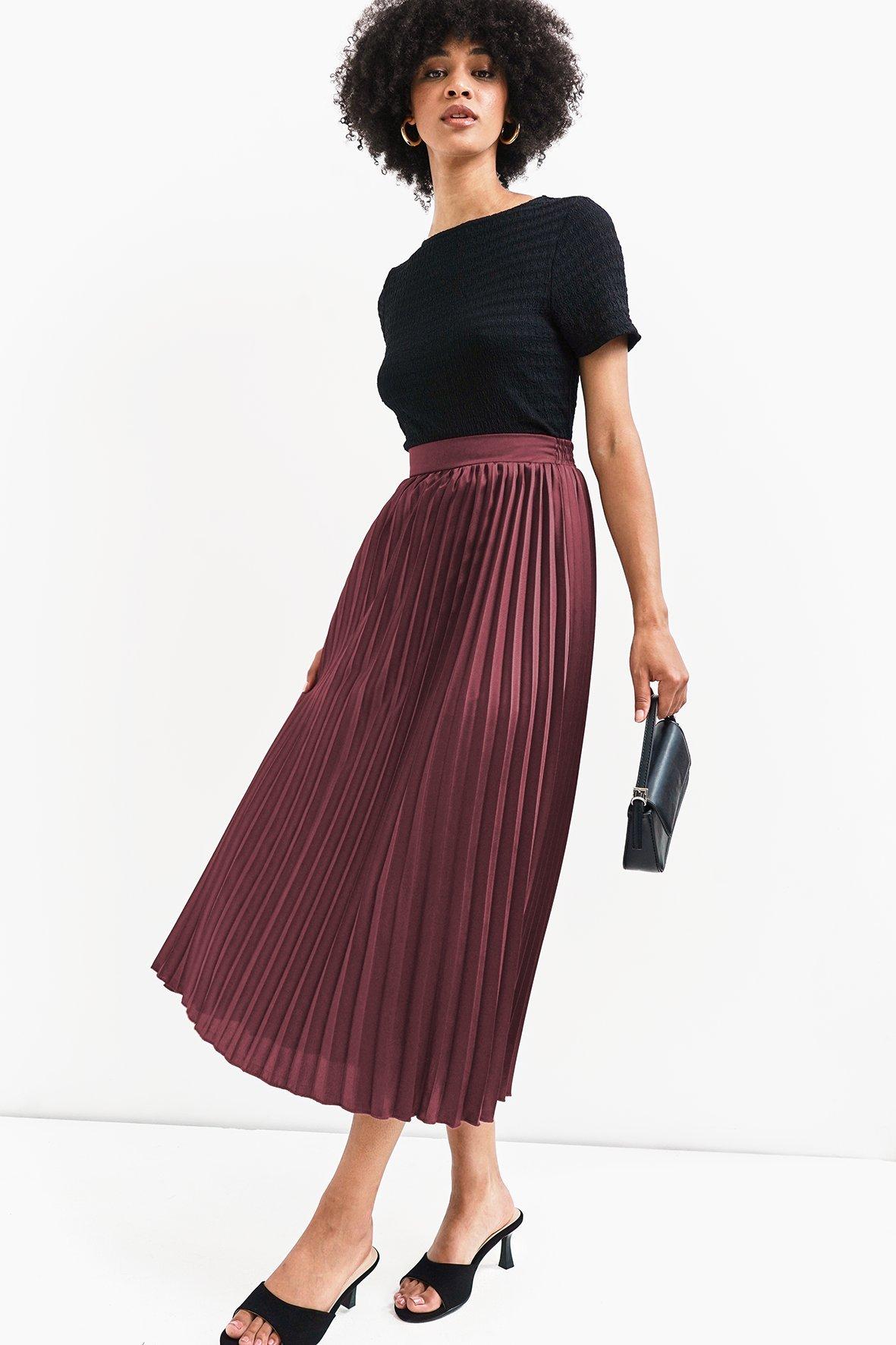 Pleated satin midi skirt with waistband main image 1