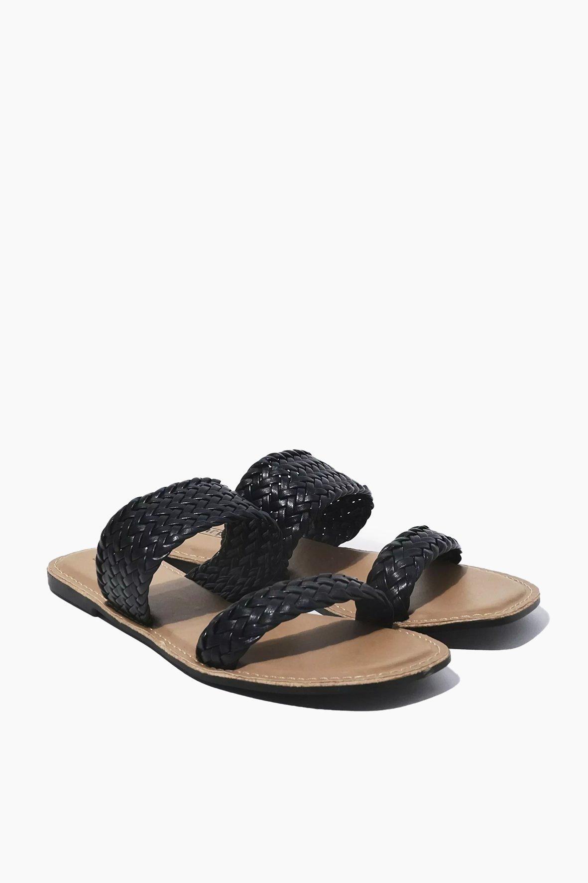 Leather Sandals with Woven Design and Ankle Straps