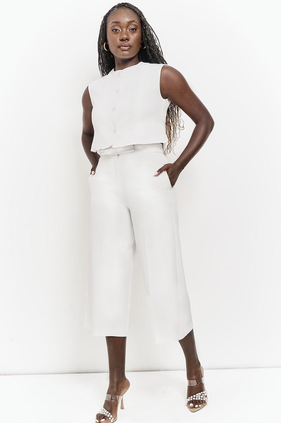 MCM Pants Set, White, Size M　we0404 Cropped Wide Leg Pants
